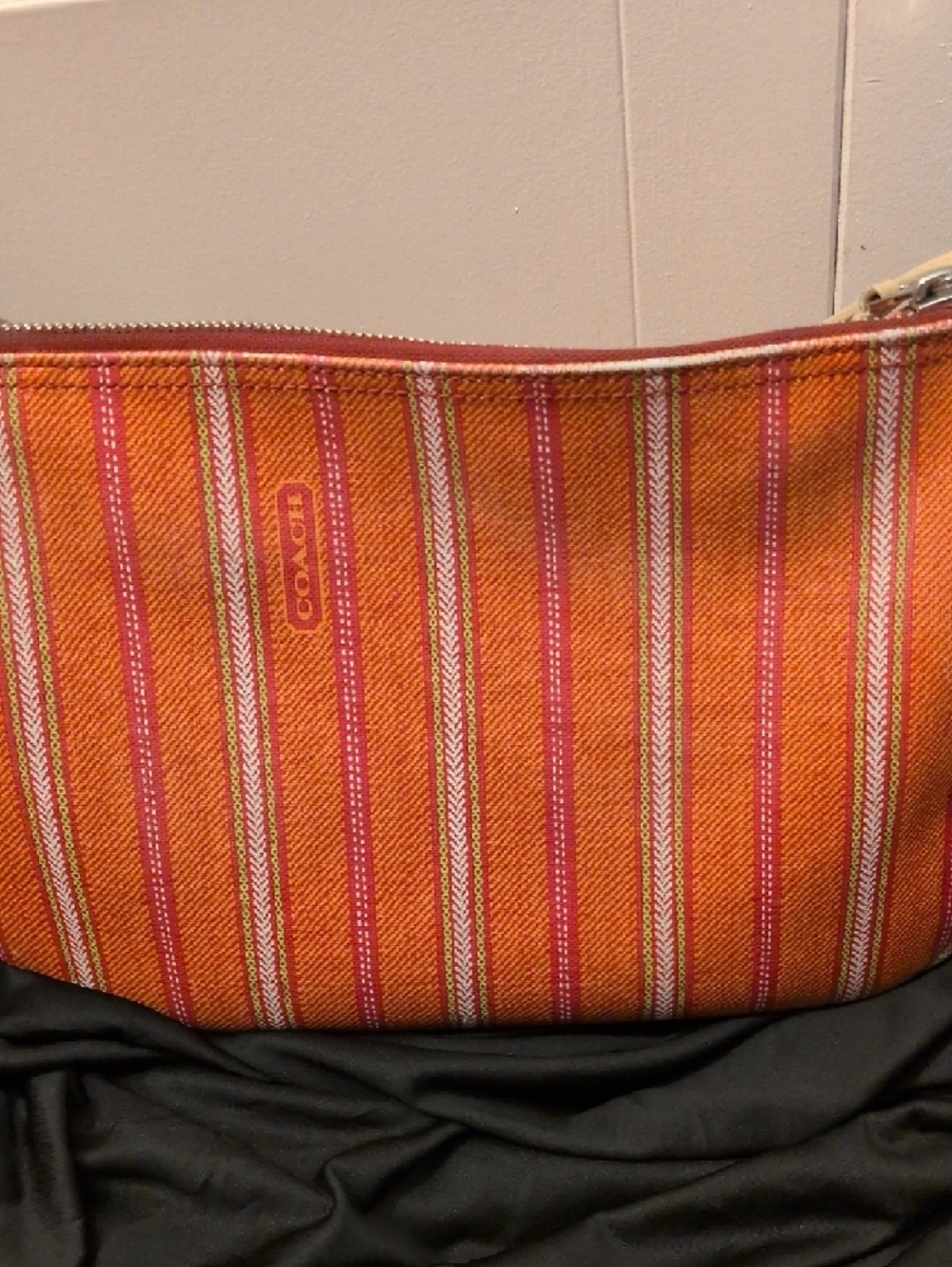 Coach Orange and Pink Stripe Canvas Shoulder Bag with Cream Trim - Picture 6 of 16